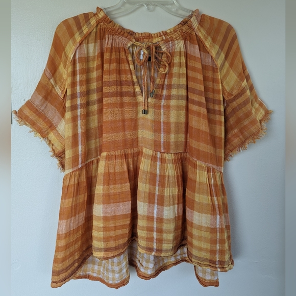 Anthropologie/Pilcro and the Letterpress Bette Babydoll Plaid Top, Orange: SMALL - Picture 3 of 14